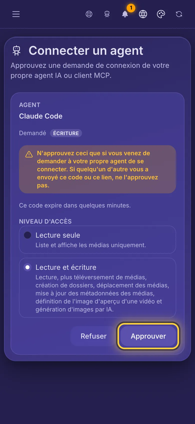 Connecter un agent : le nom de l'agent, l'accès qu'il demande et un avertissement pour n'approuver que votre propre agent.