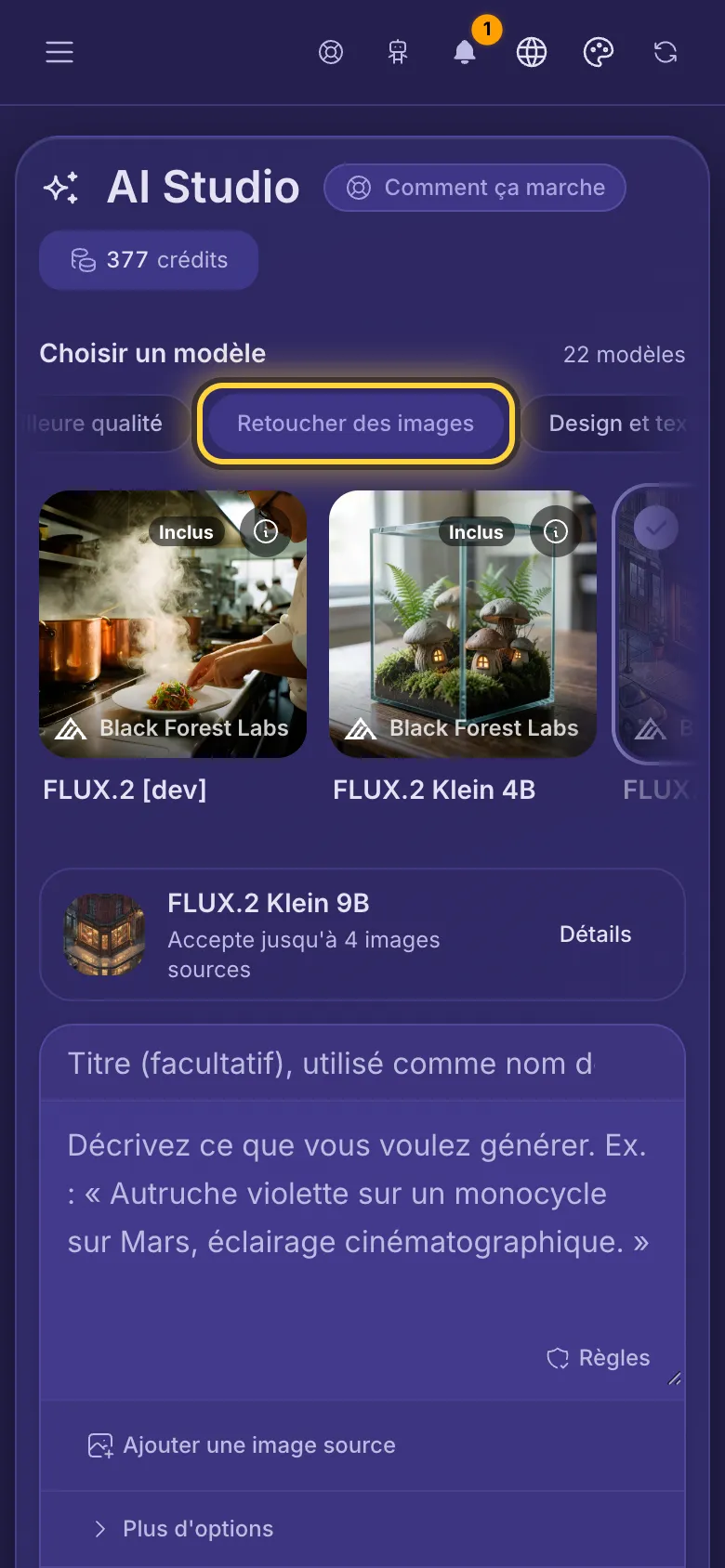 Le filtre Retoucher des images est actif, et les cartes montrent les modèles qui peuvent modifier une image, chacun avec son prix.