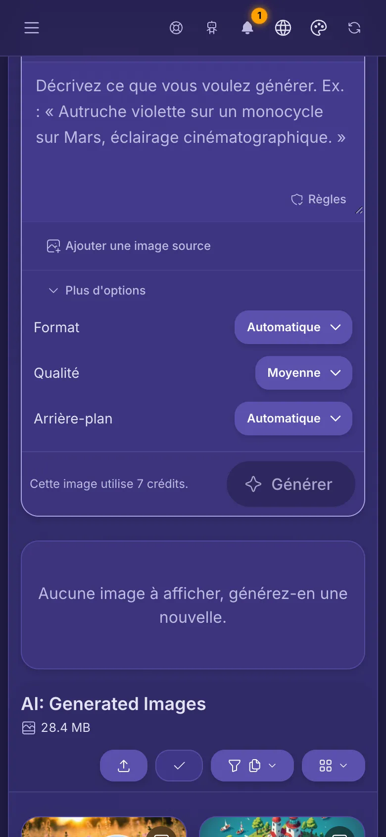 Les options supplémentaires d'un modèle sont ouvertes : Format, Qualité et Arrière-plan.