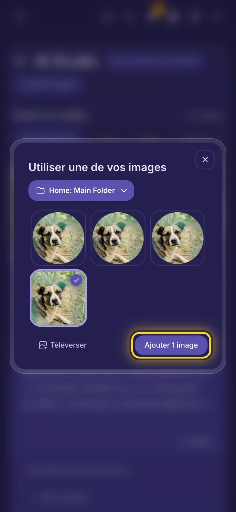 Utiliser une de vos images : les images d'un dossier, le menu des dossiers, Téléverser et le bouton pour ajouter.
