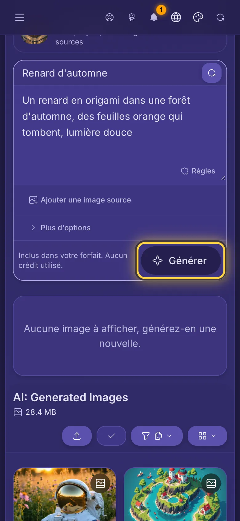 Une instruction saisie dans la zone, la ligne du prix et le bouton Générer.