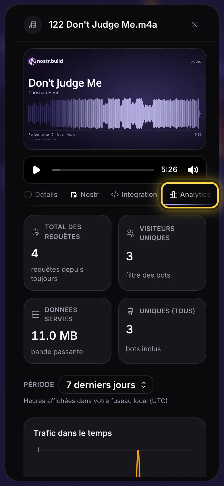 L'onglet Analytics d'un fichier : ses totaux, la période et son trafic dans le temps.