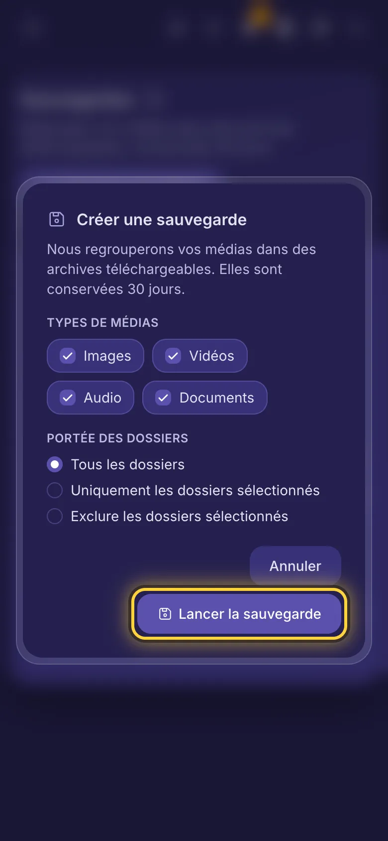 Créer une sauvegarde : les types de médias à inclure et les dossiers.