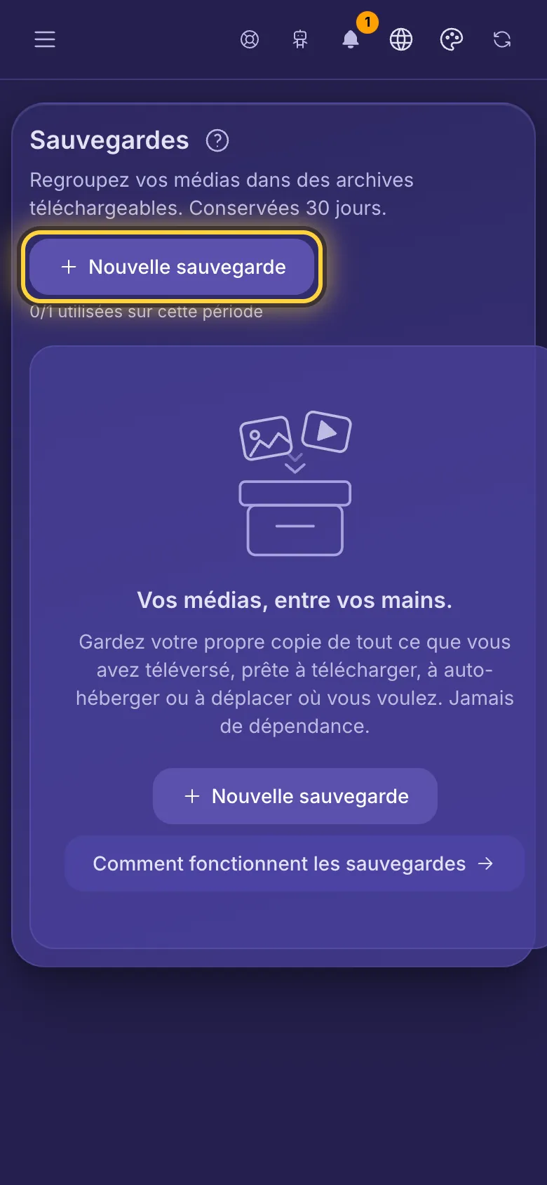 Sauvegardes, avec le bouton Nouvelle sauvegarde et le nombre de sauvegardes restantes pour cette période.