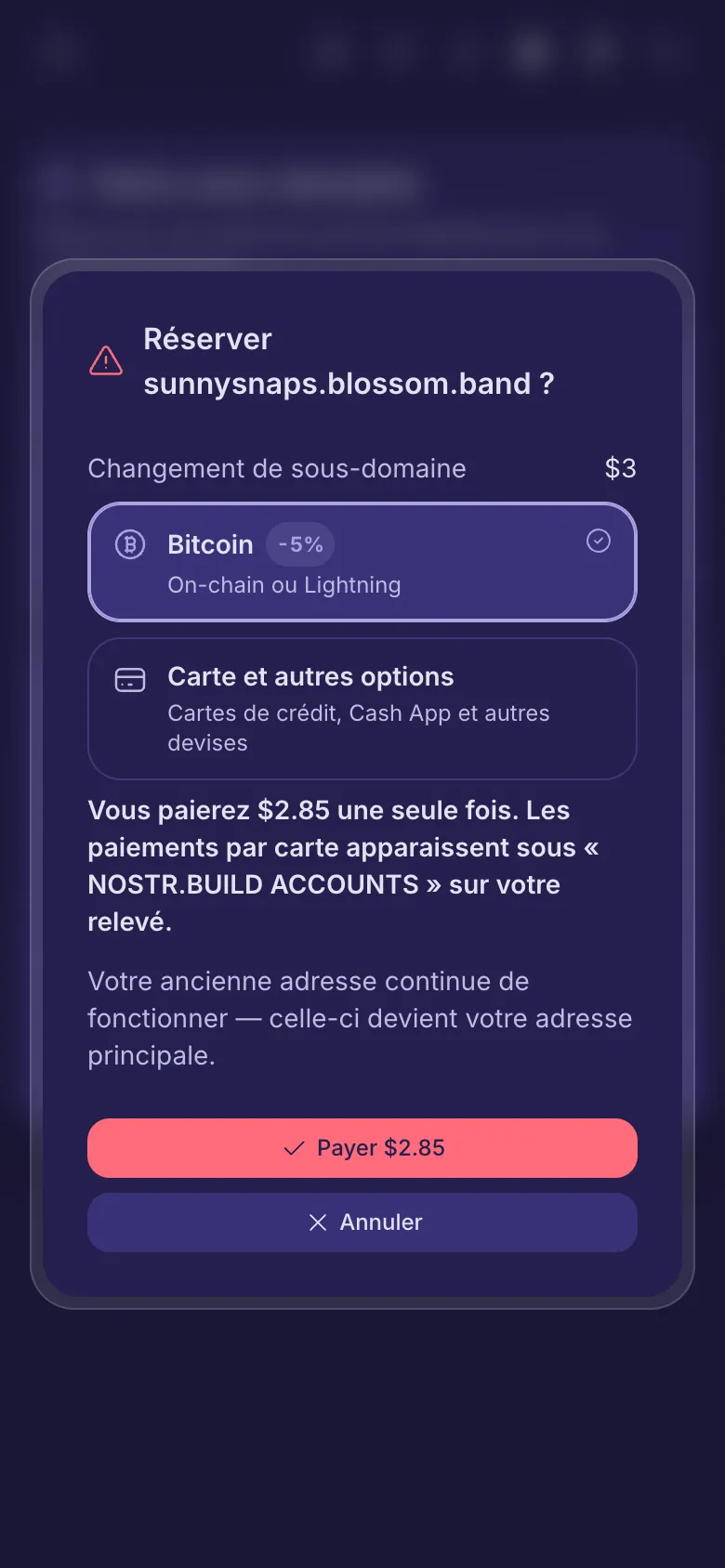 La question avant une réservation payante, avec les frais et le choix du mode de paiement.