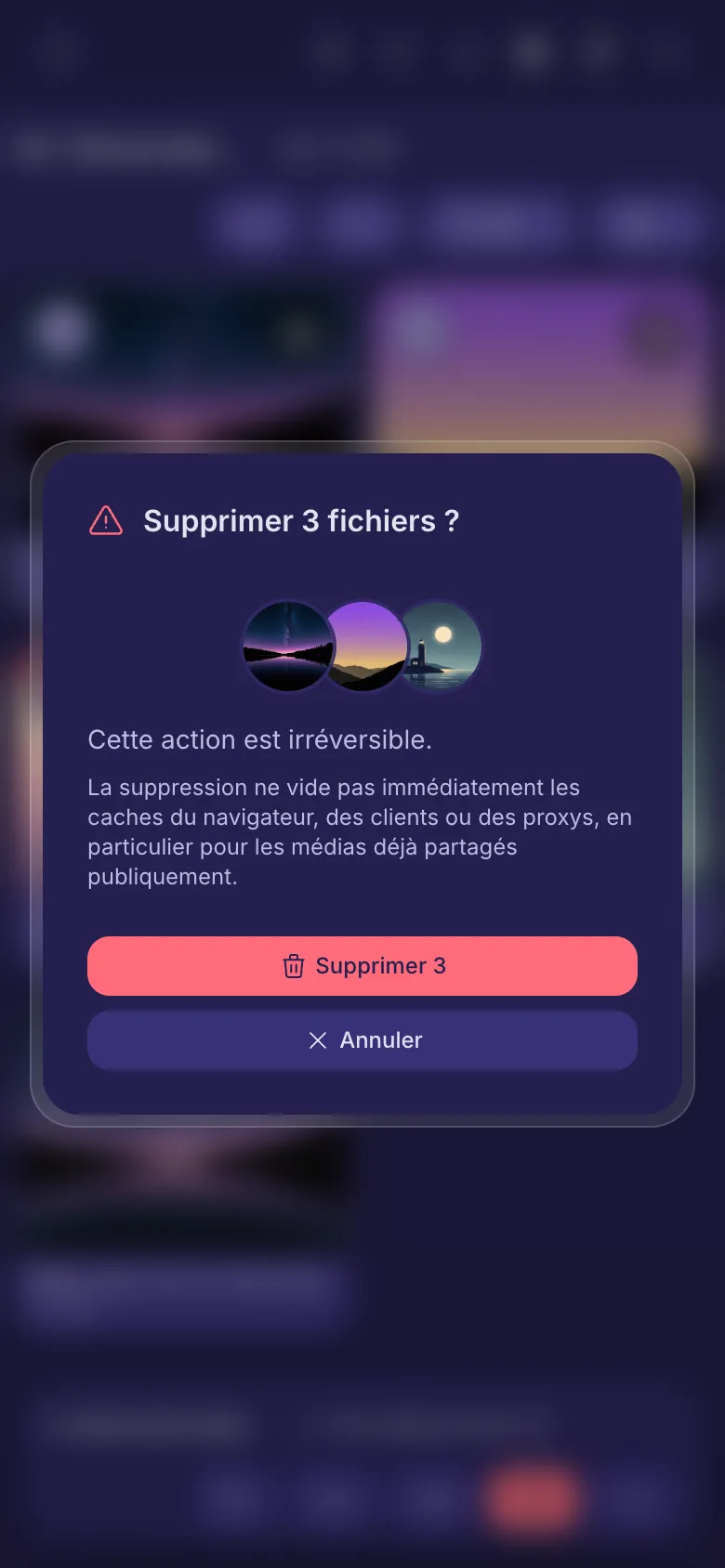 La question posée avant de supprimer trois fichiers.