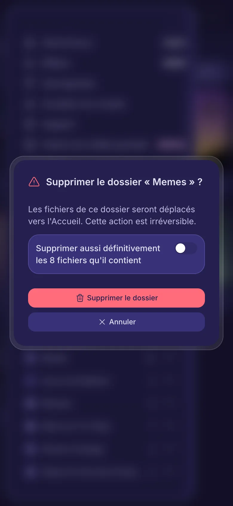 La question posée avant de supprimer un dossier, avec un interrupteur pour supprimer aussi ses fichiers.