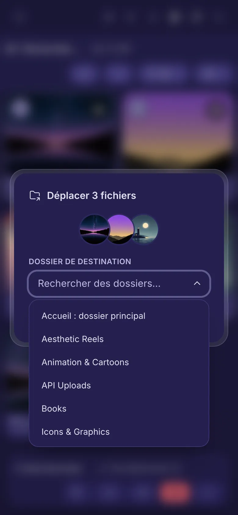 Déplacement de trois fichiers : la liste des dossiers parmi lesquels choisir.
