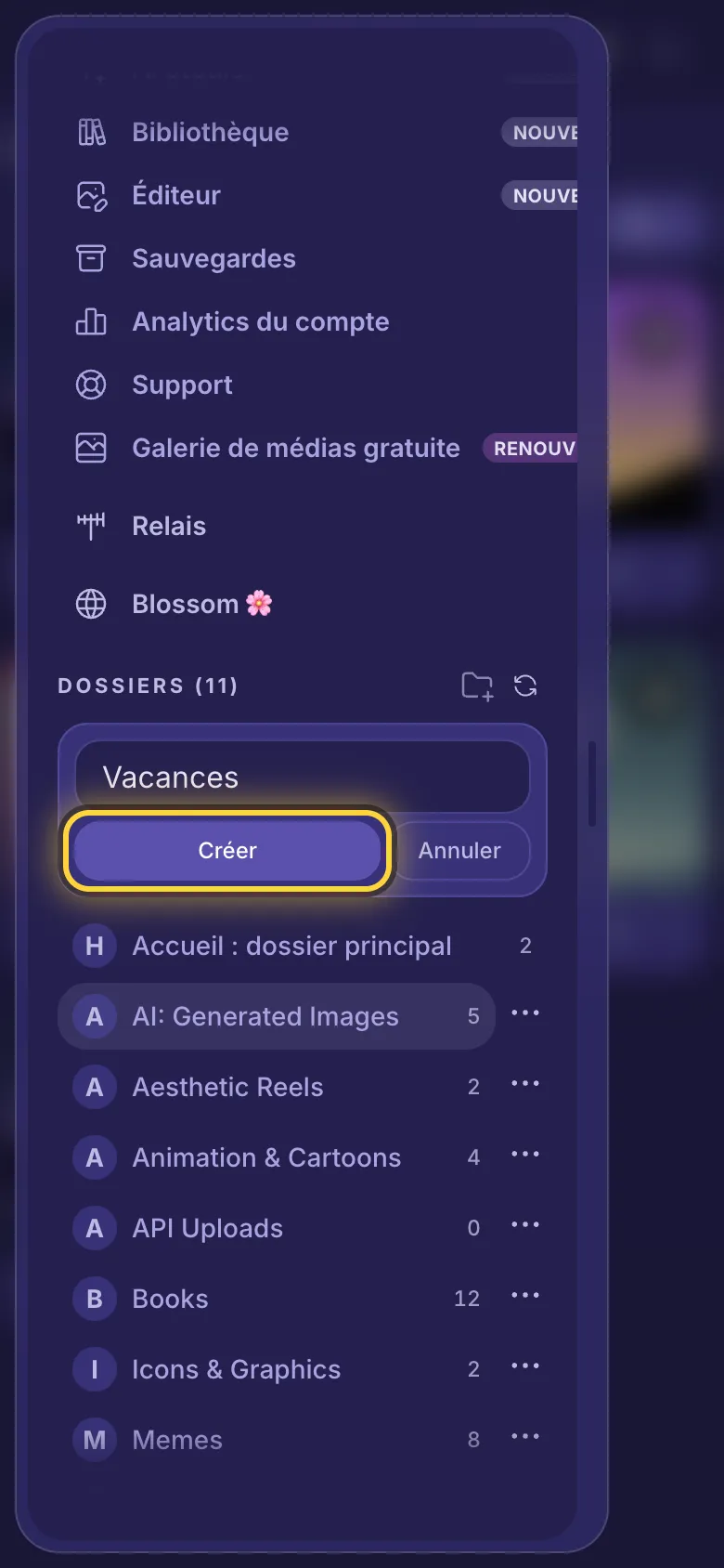 Le menu défilé jusqu'aux dossiers, avec le nom d'un nouveau dossier saisi et le bouton Créer entouré.