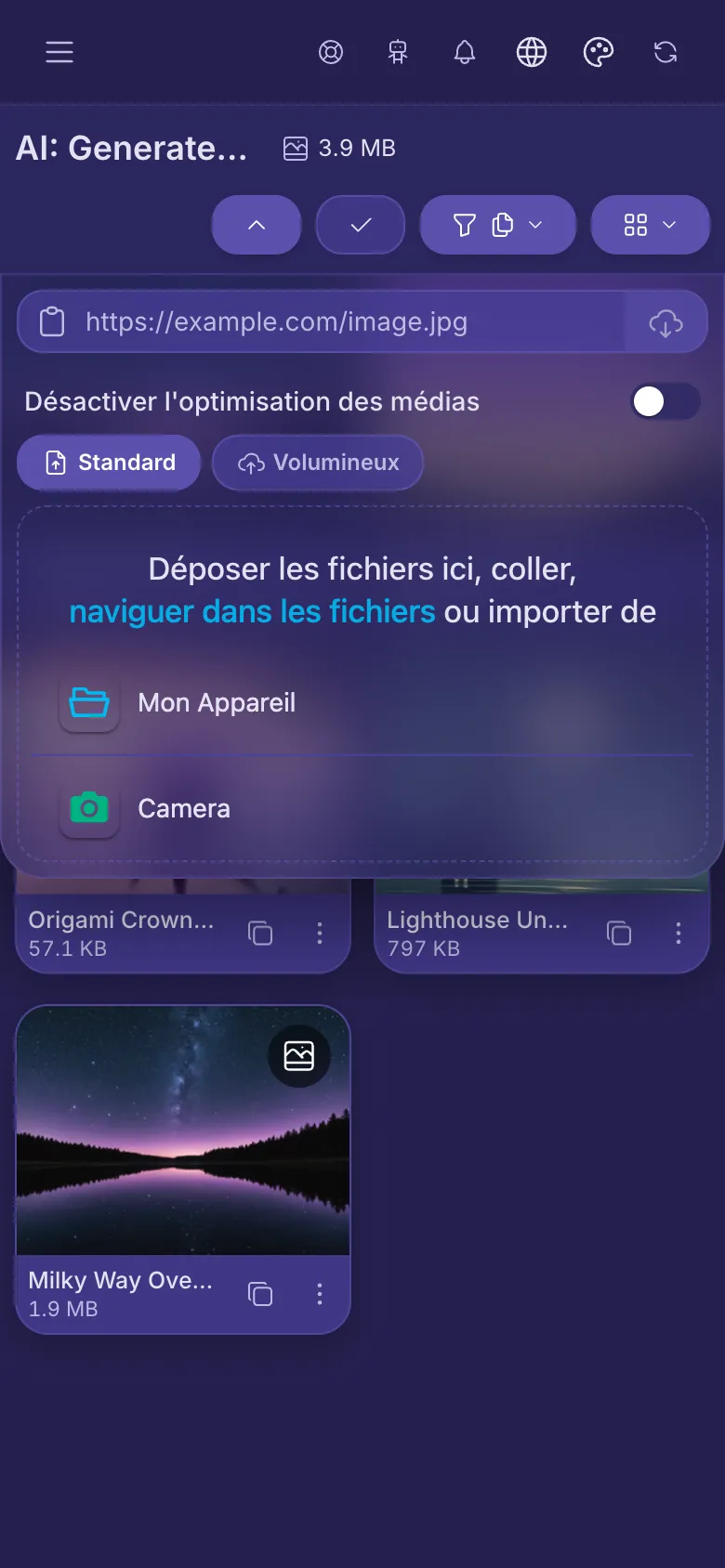Le panneau de téléversement ouvert sous les boutons, avec une zone pour choisir des fichiers et un champ pour un lien.