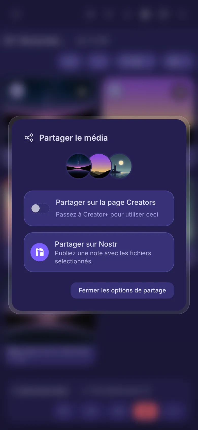Les options de partage pour trois fichiers : l'interrupteur de la page Creators et Partager sur Nostr.