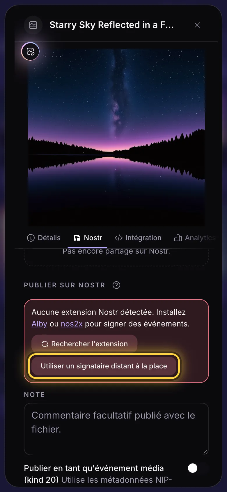 L'onglet Nostr sans signataire : un avis avec des liens vers Alby et nos2x, et le bouton du signataire distant.