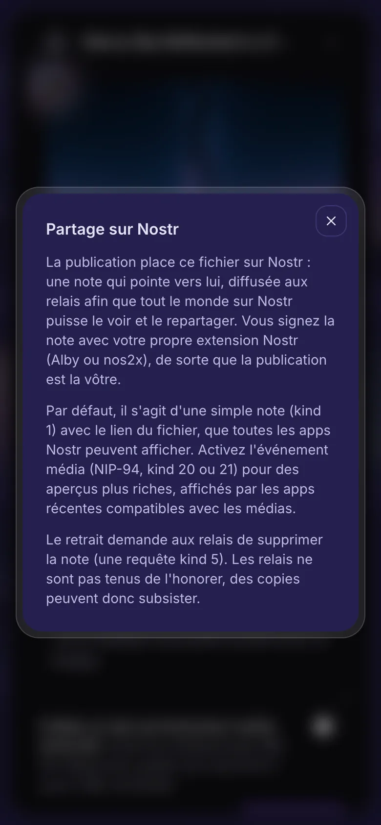 L'explication qui s'ouvre depuis le point d'interrogation à côté de Publier sur Nostr.