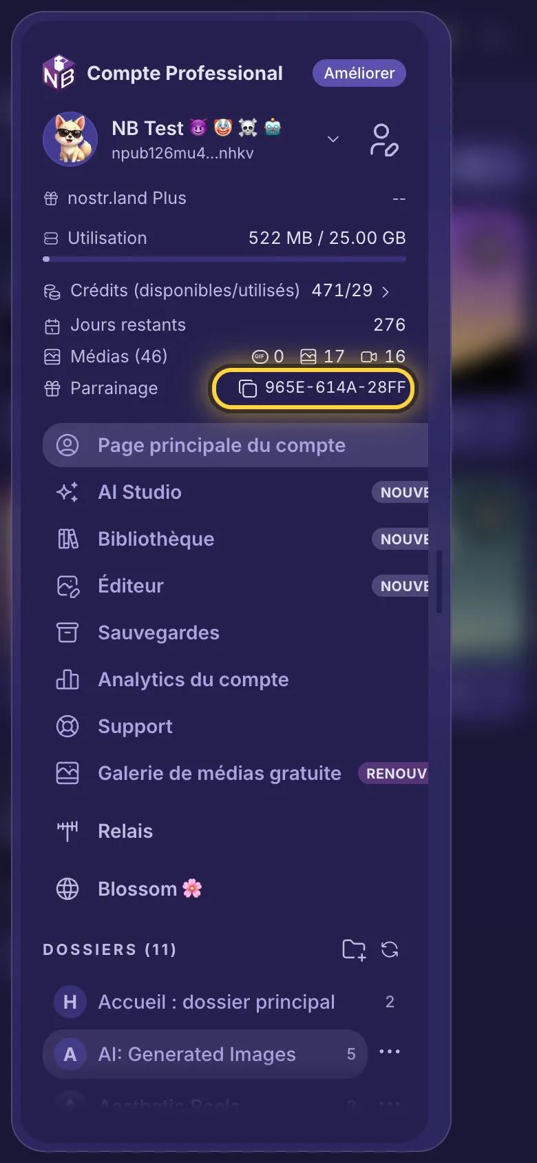 Le menu, avec la ligne du lien de parrainage entourée.