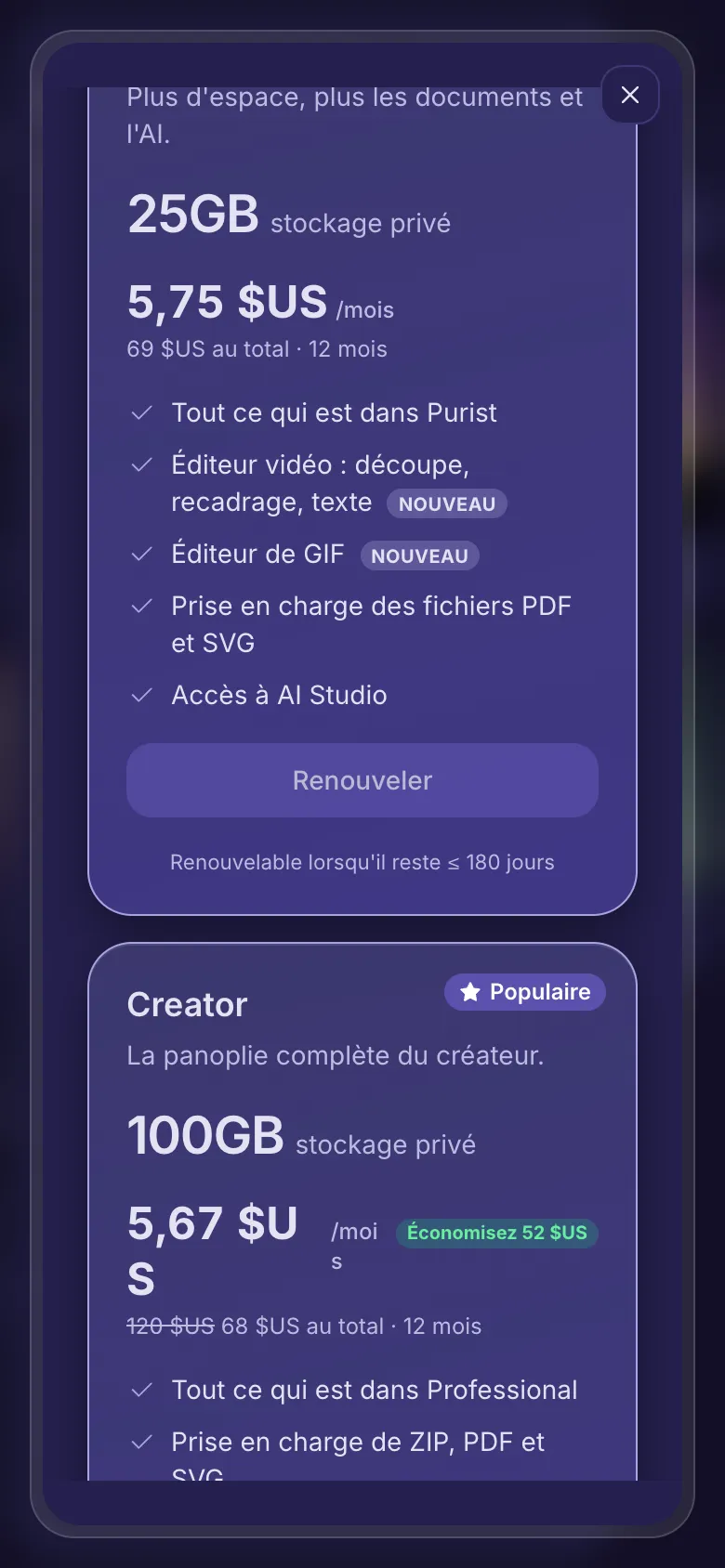 Améliorer ou renouveler : votre forfait actuel avec Renouveler, et les forfaits plus grands avec Améliorer.
