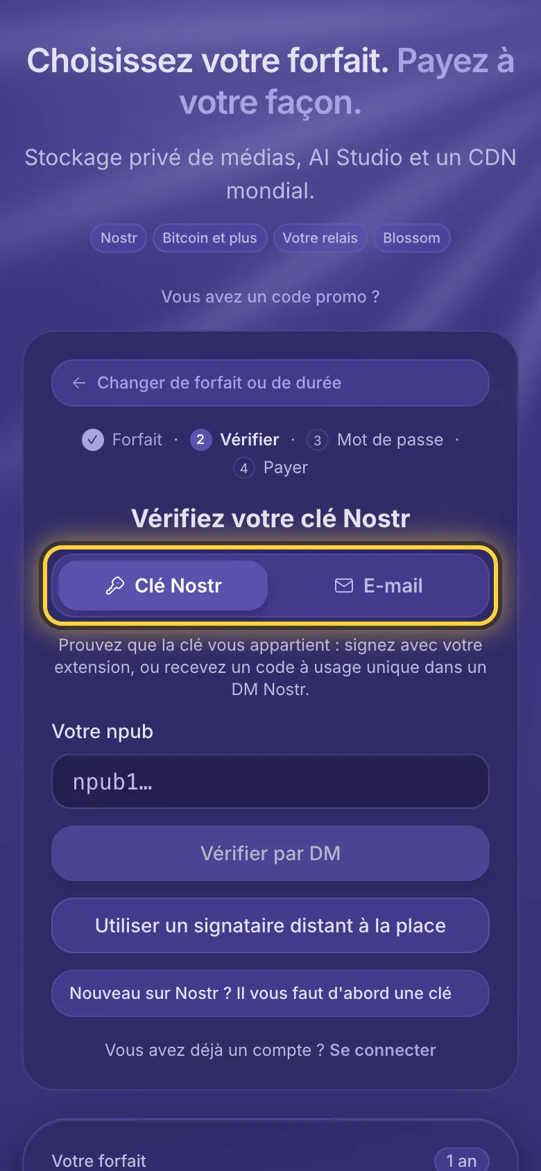 L'inscription : le choix entre une clé Nostr et une adresse e-mail, entouré.