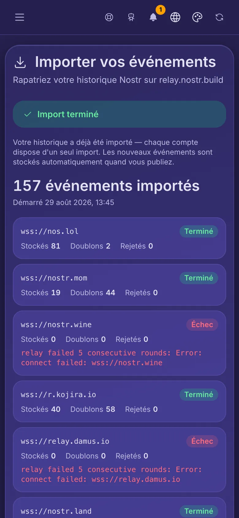 Importer vos événements : un import terminé, avec une ligne pour chaque relais d'où il a copié.