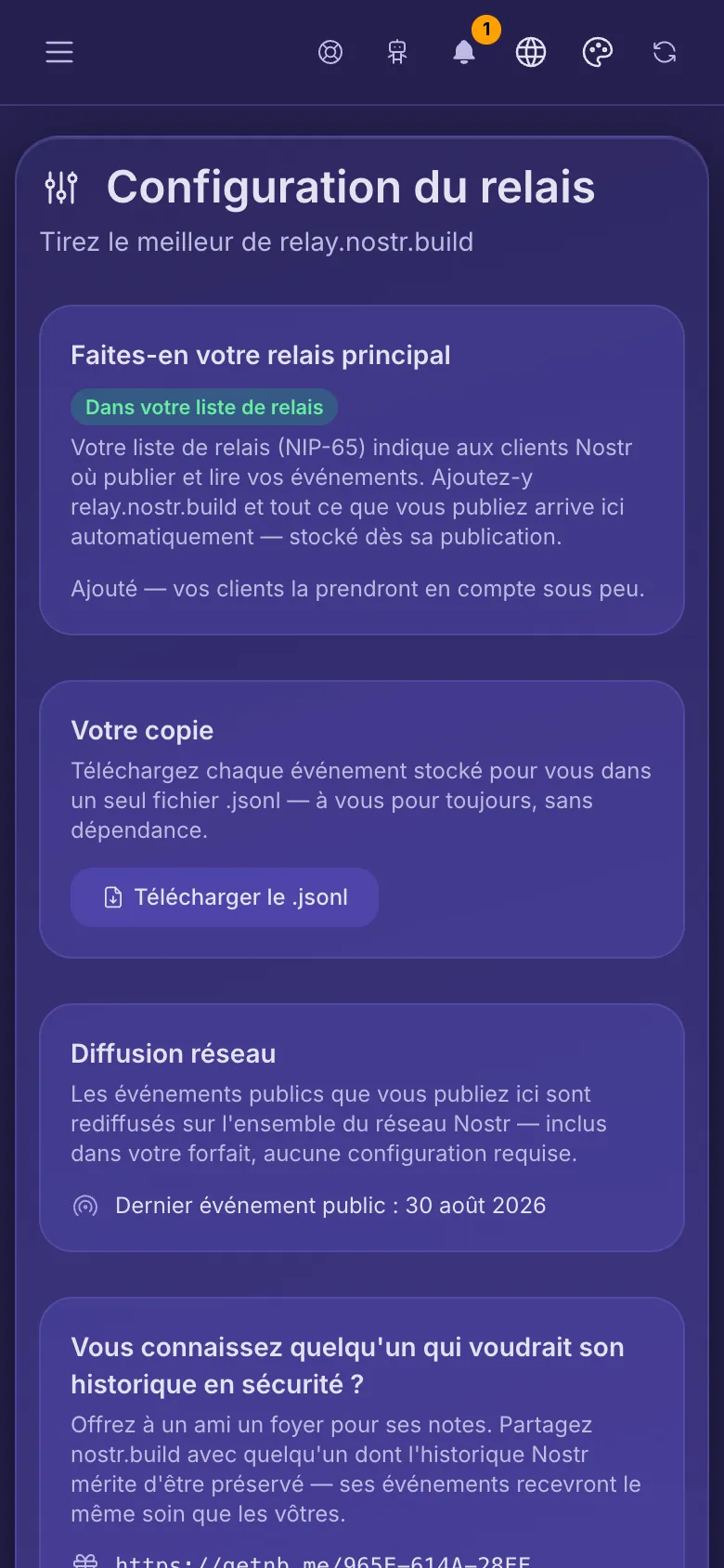 Configuration du relais : le relais déjà dans la liste de relais, une copie à télécharger et la diffusion réseau.
