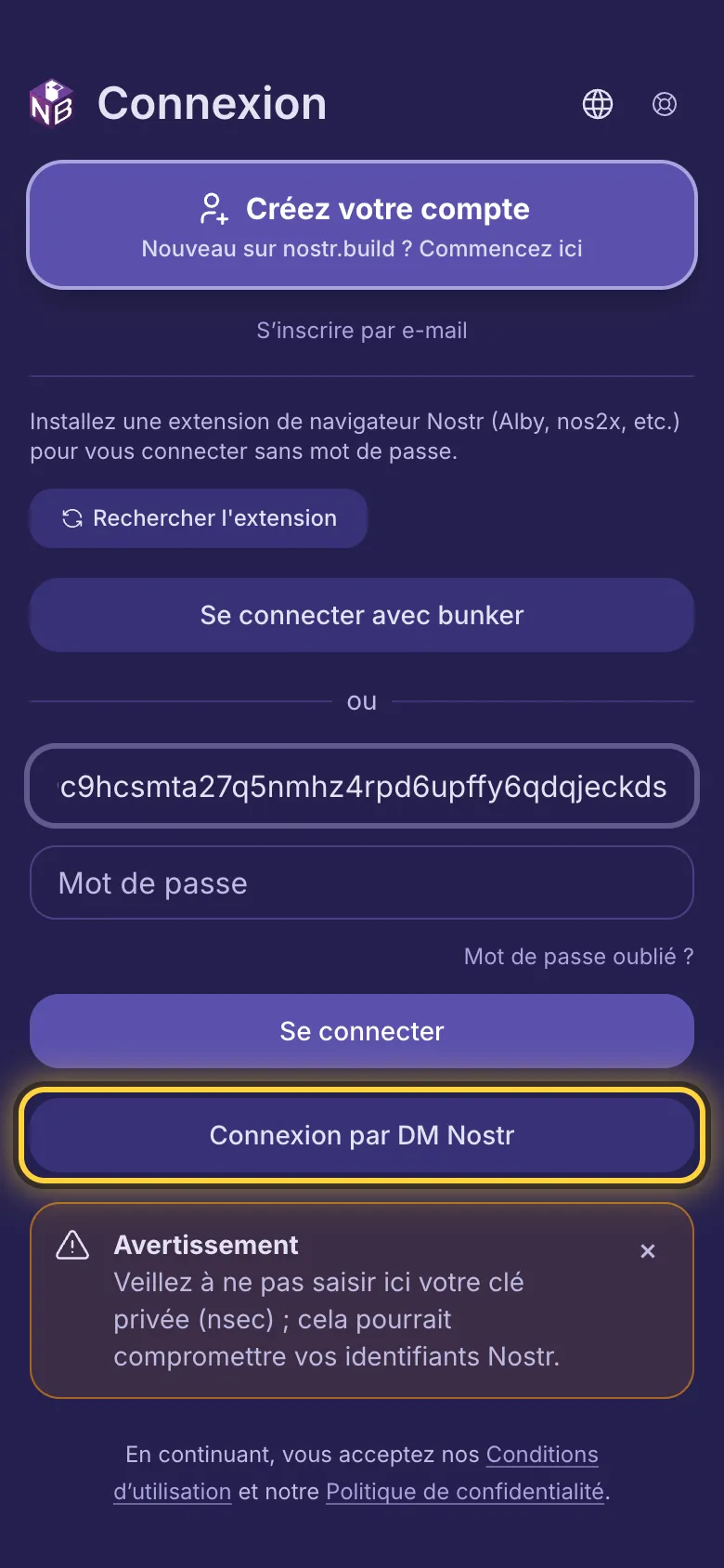 Une npub saisie dans le premier champ et le bouton Connexion par DM Nostr entouré.
