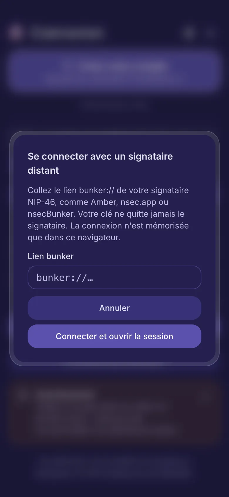 La fenêtre du signataire distant avec un champ pour le lien bunker.
