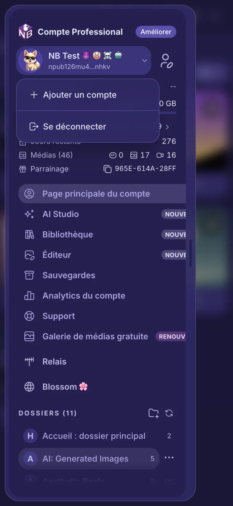 Le menu du compte ouvert sous votre nom, avec les autres comptes, Ajouter un compte et Se déconnecter.
