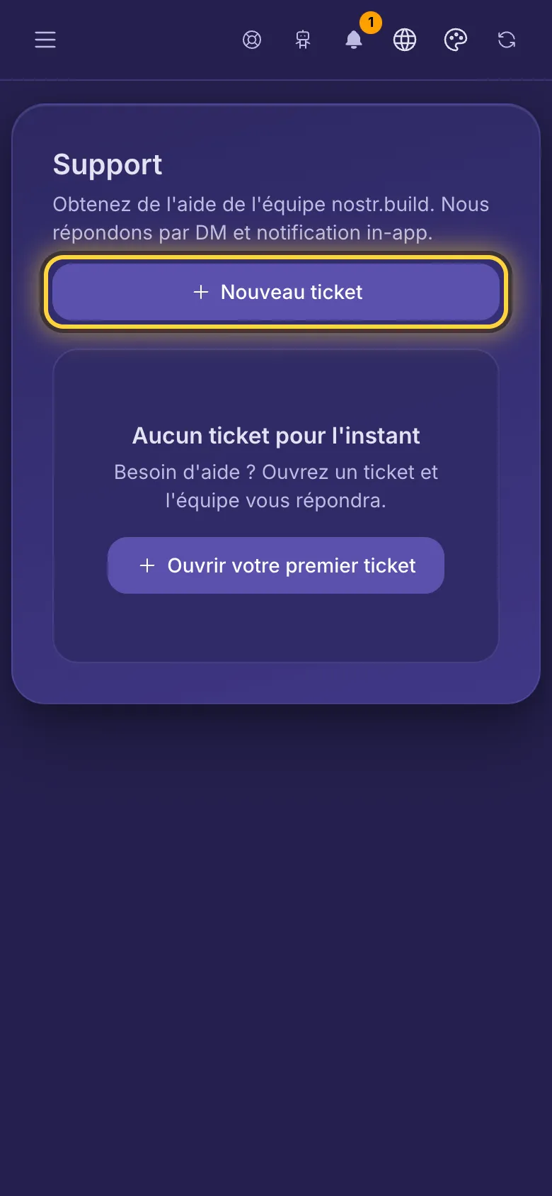 La page de support, sans ticket pour l'instant.