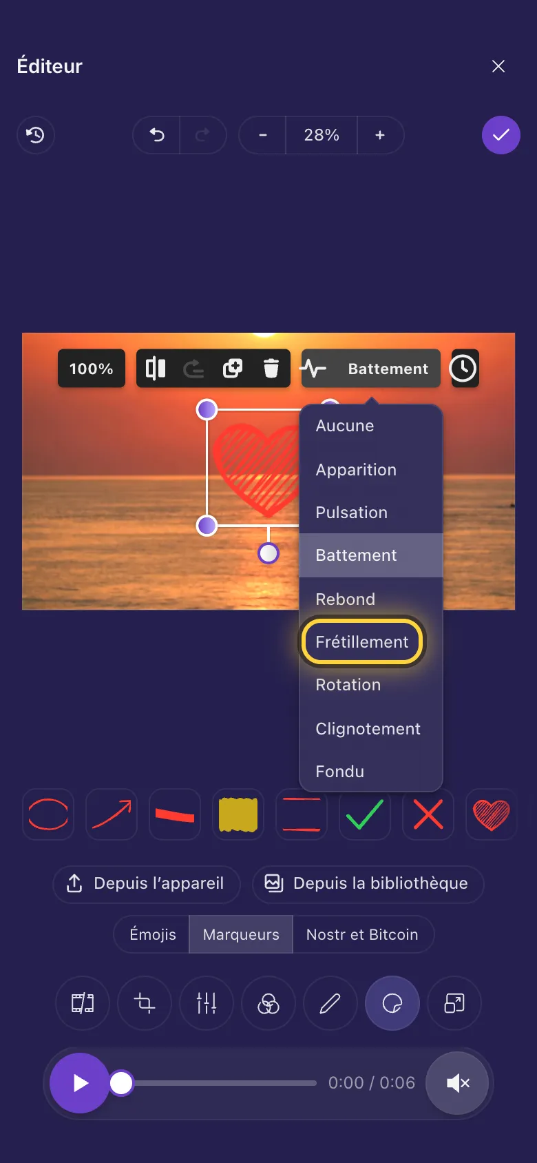 La liste Animation ouverte au-dessus d'un autocollant cœur, avec Frétillement entouré