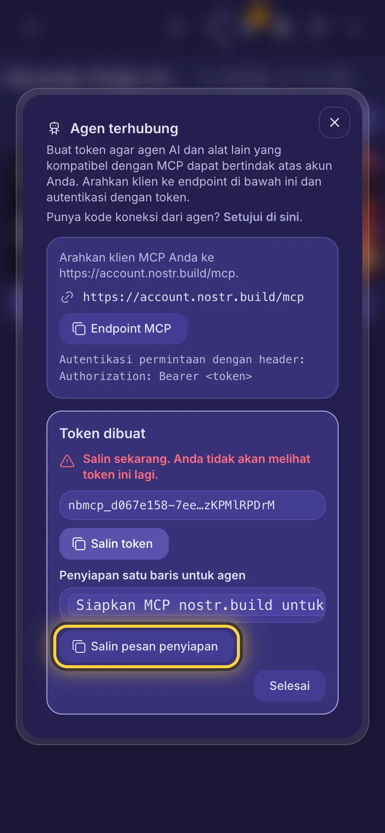 Token dibuat: token, tombol salin, dan pesan penyiapan satu baris.