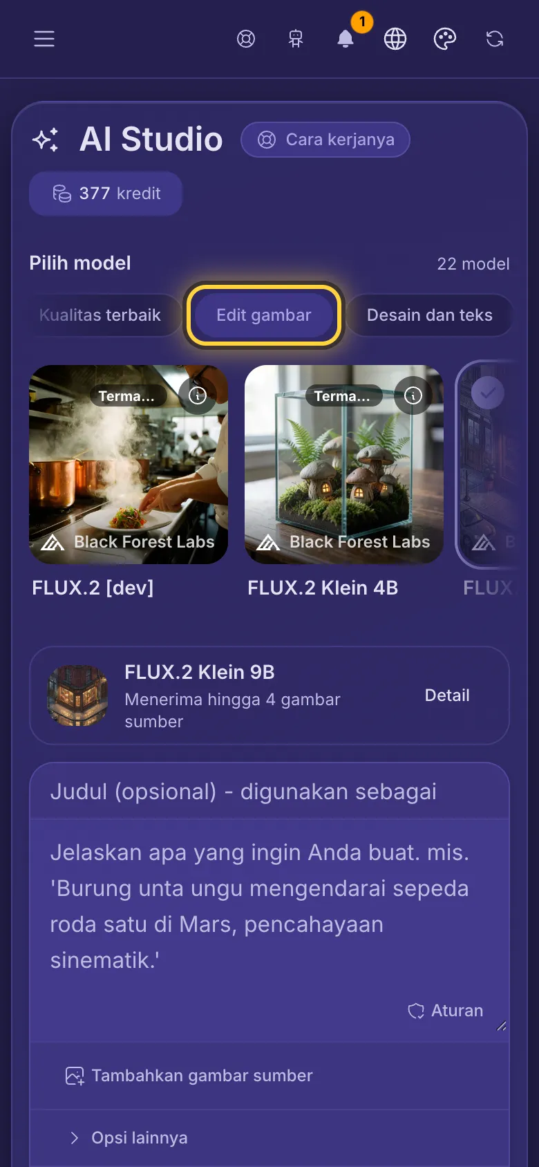 Filter Edit gambar aktif, dan kartu-kartunya menunjukkan model yang bisa mengubah gambar, masing-masing dengan harganya.