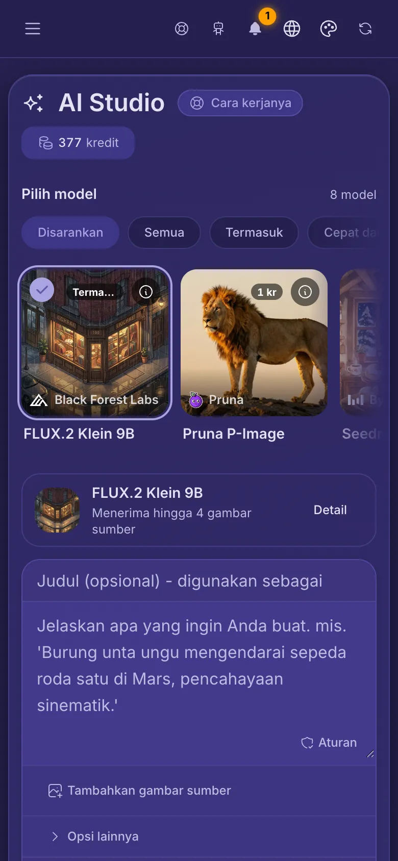 AI Studio di ponsel: model-model di atas, kotak untuk prompt, dan tombol Buat.