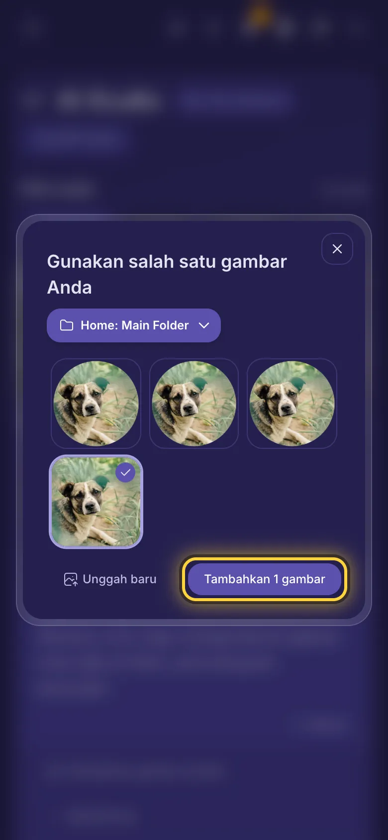 Gunakan salah satu gambar Anda: gambar-gambar dalam folder, menu folder, Unggah baru, dan tombol untuk menambahkan.