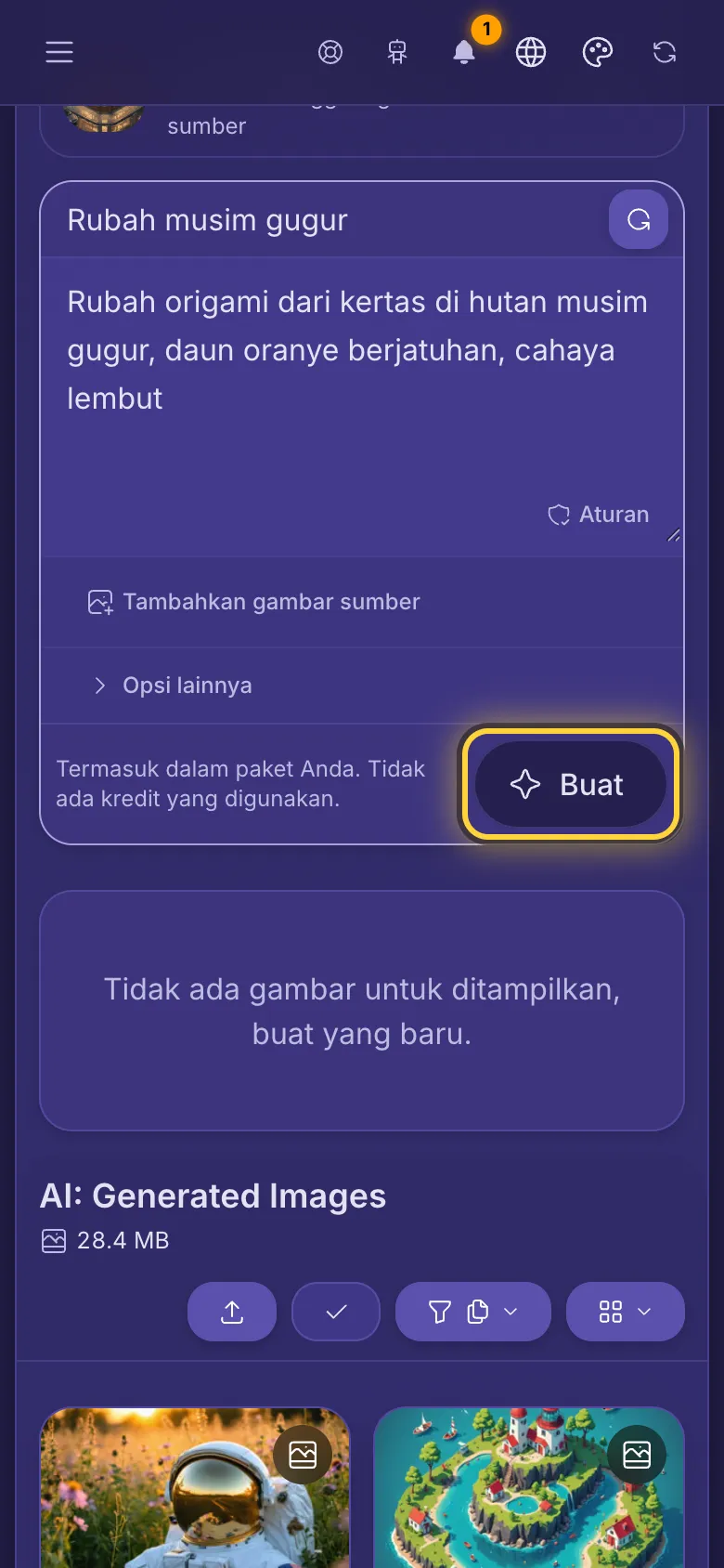 Prompt yang sudah diketik di kotak, baris harga, dan tombol Buat.