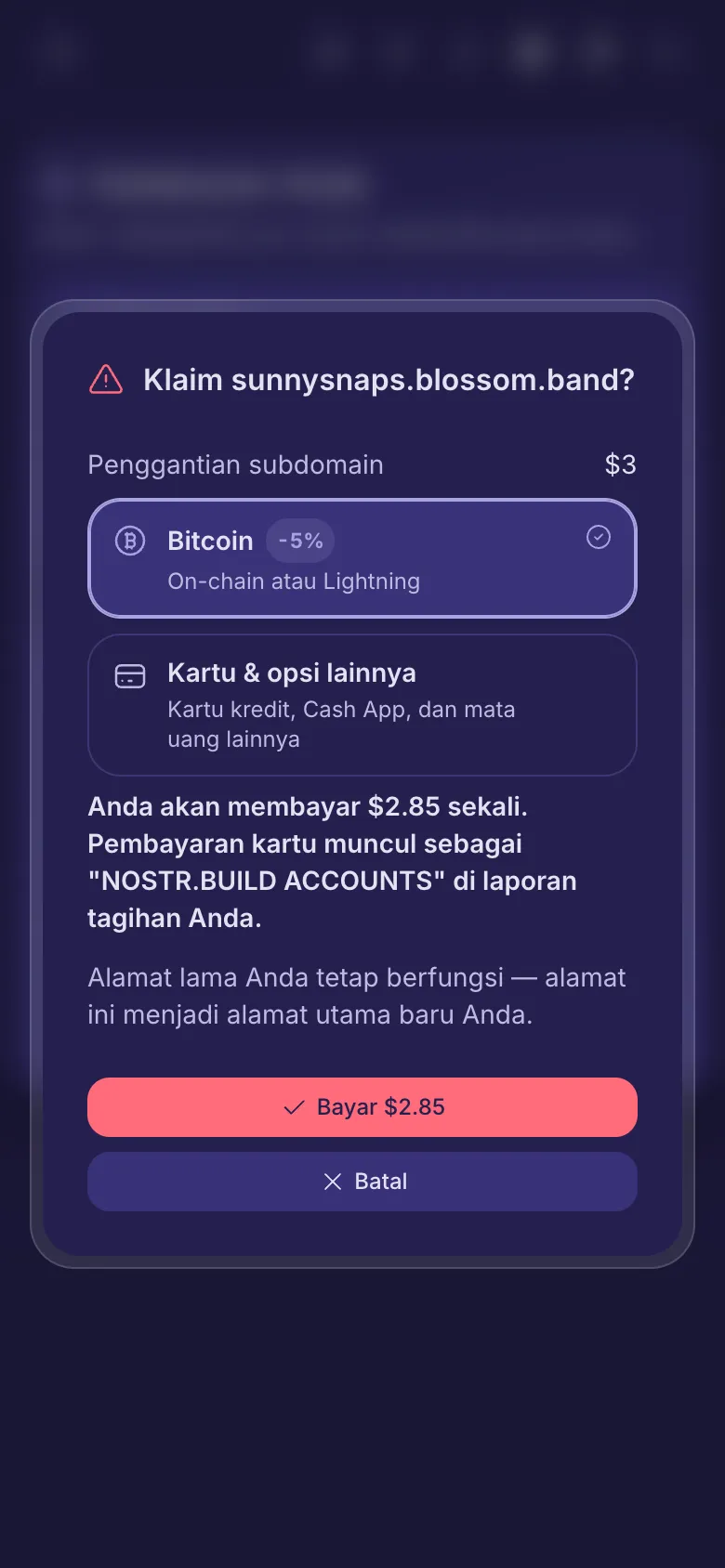 Pertanyaan sebelum klaim berbayar, dengan biaya dan pilihan cara bayar.