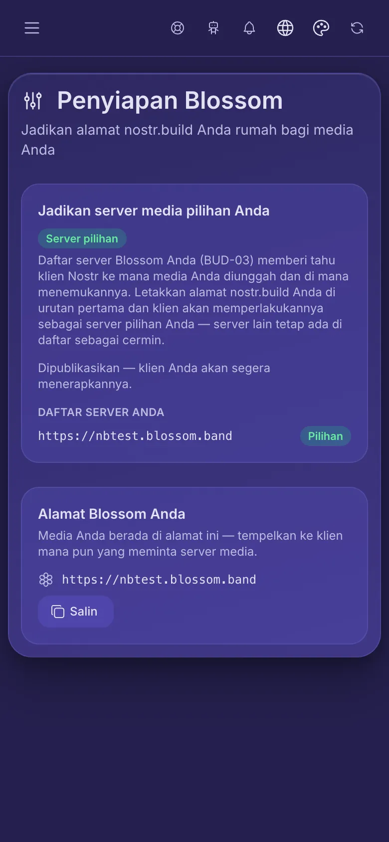 Penyiapan Blossom: daftar server Anda dengan alamat Anda ditandai sebagai pilihan, dan alamat Blossom Anda untuk disalin.