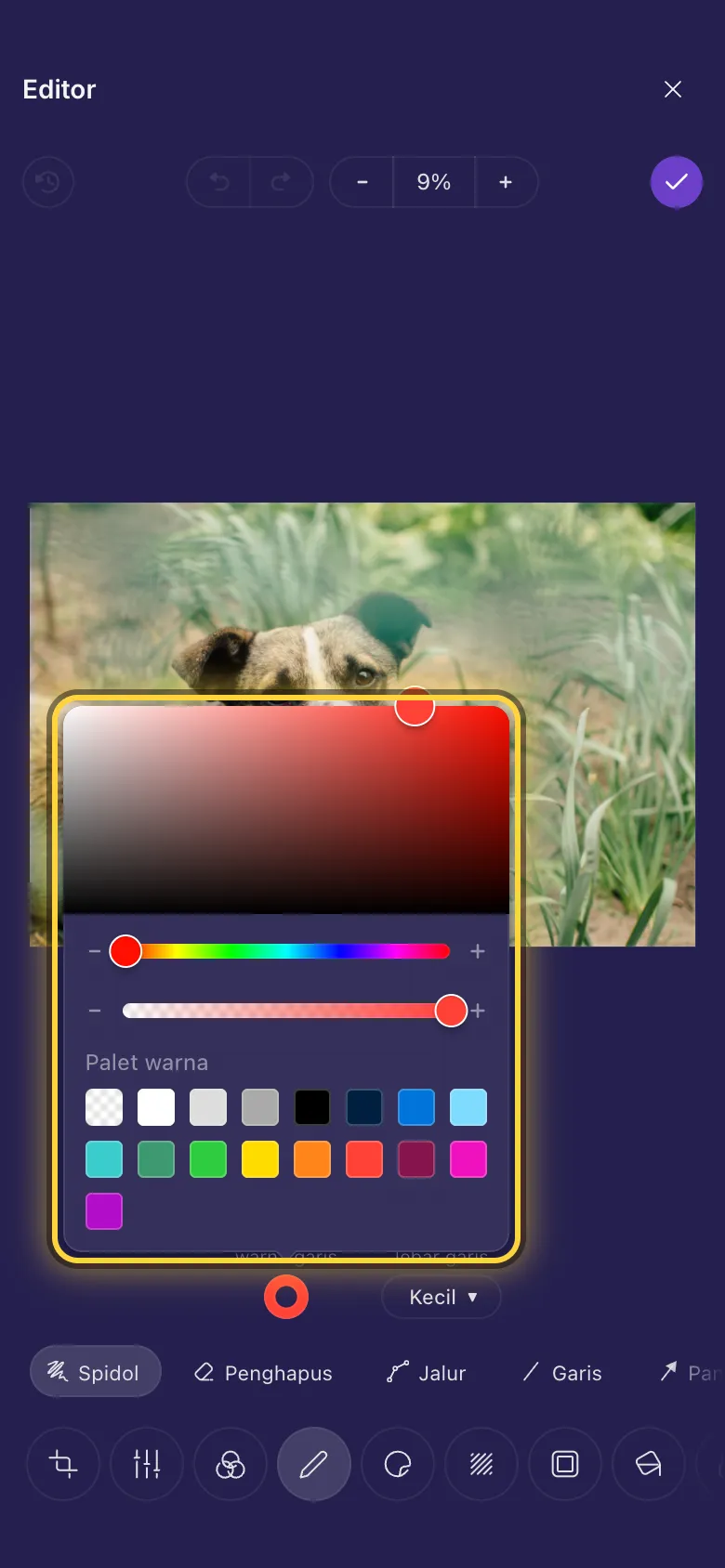 Pemilih warna terbuka di atas foto, dengan paletnya