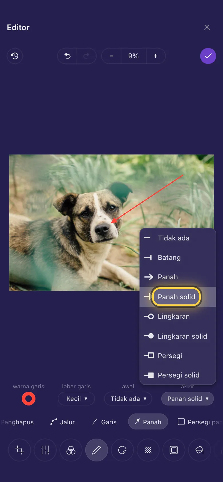 Panah yang menunjuk hidung anjing, dengan daftar ujung garis terbuka