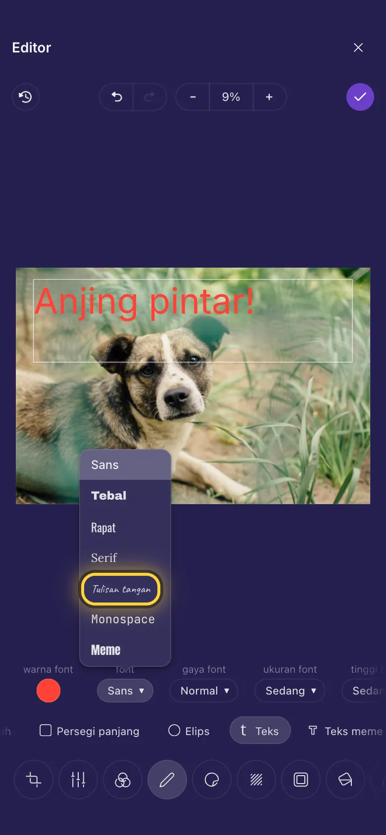 Kata-kata di foto anjing, dengan daftar font terbuka