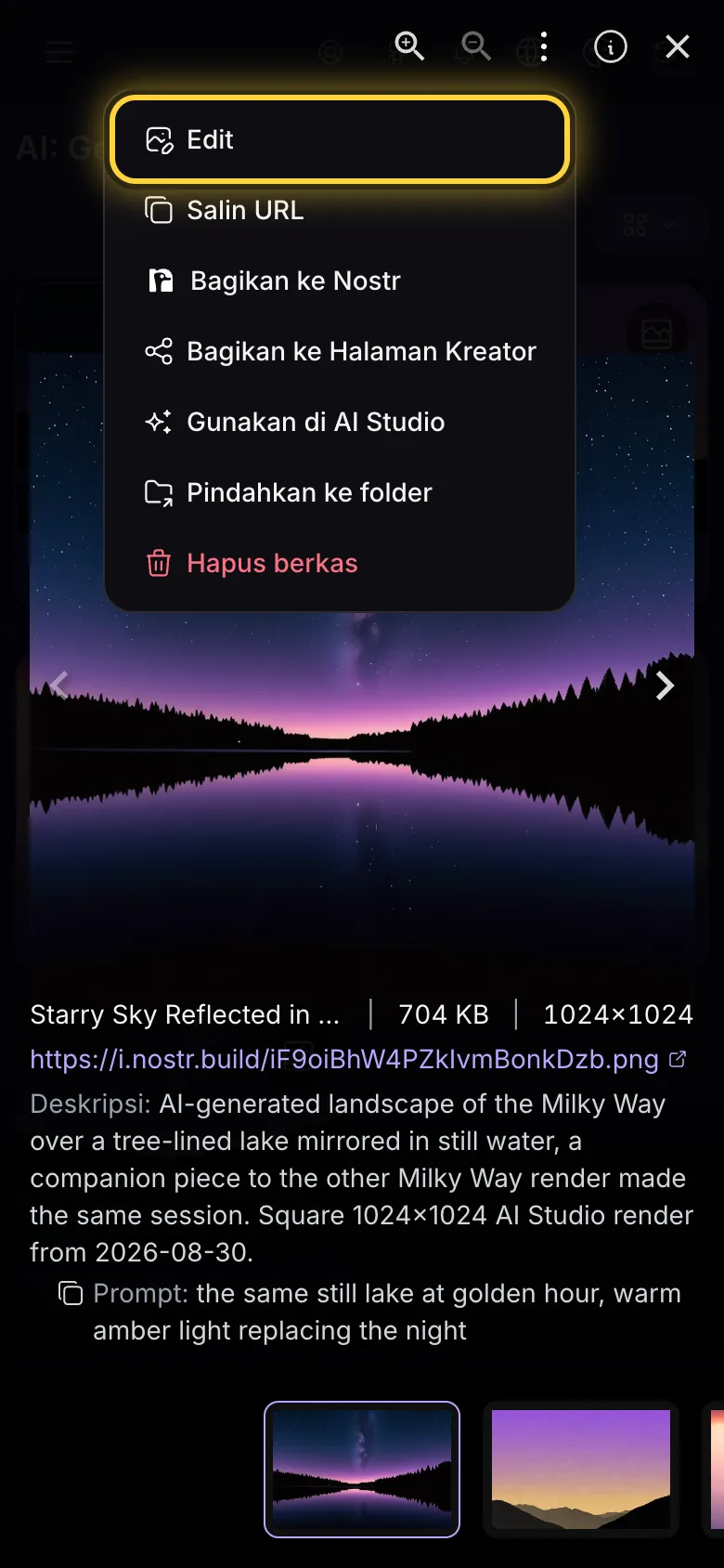 Penampil layar penuh dengan menunya terbuka dan Edit dilingkari