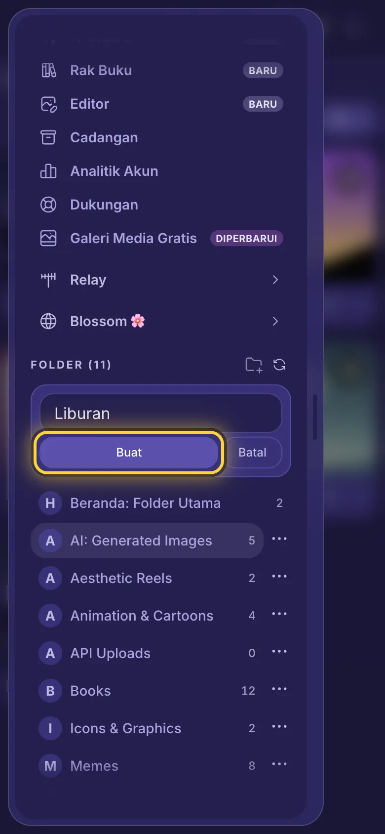 Menu digulir ke bagian folder, dengan nama folder baru sudah diketik dan tombol Buat dilingkari.