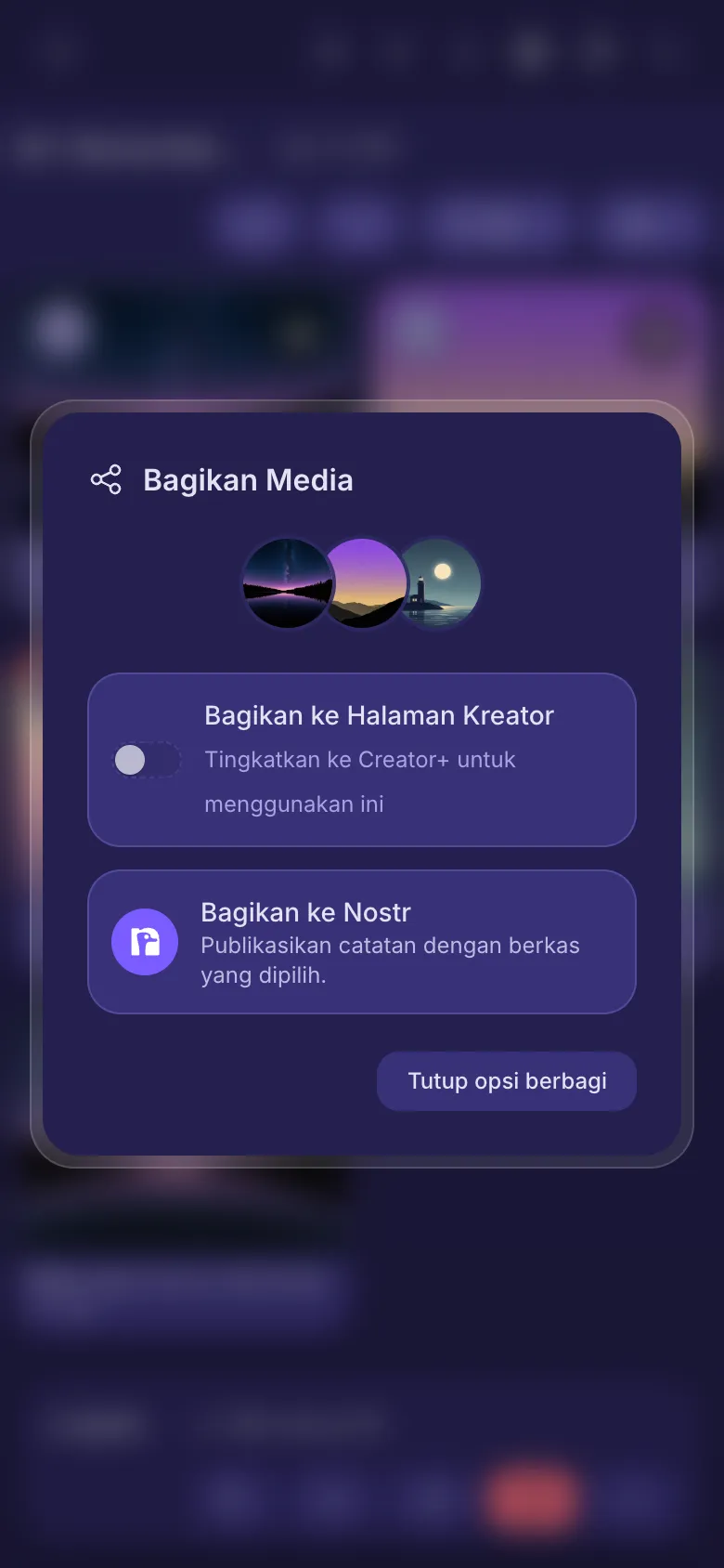 Opsi berbagi untuk tiga berkas: sakelar Halaman Kreator dan Bagikan ke Nostr.