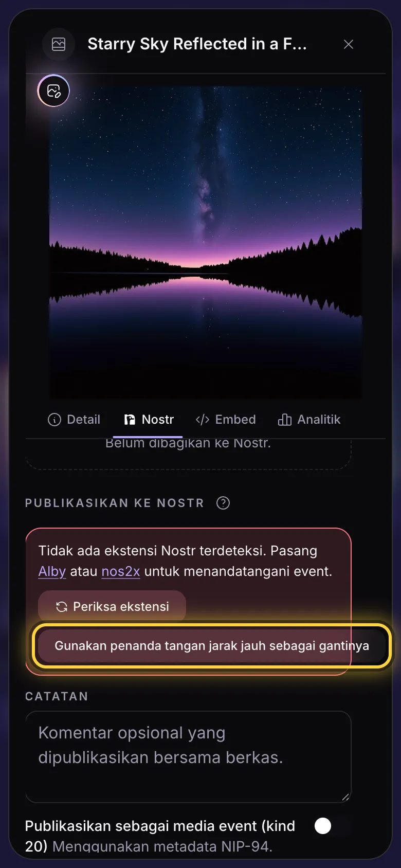 Tab Nostr tanpa penanda tangan: pemberitahuan dengan tautan ke Alby dan nos2x, serta tombol penanda tangan jarak jauh.