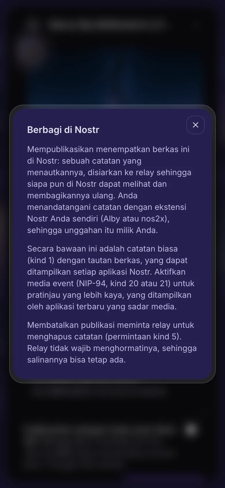 Penjelasan yang terbuka dari tanda tanya di samping Publikasikan ke Nostr.