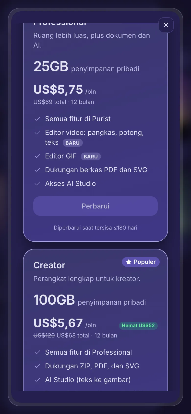 Tingkatkan atau perbarui: paket Anda saat ini dengan Perbarui, dan paket yang lebih besar dengan Tingkatkan.