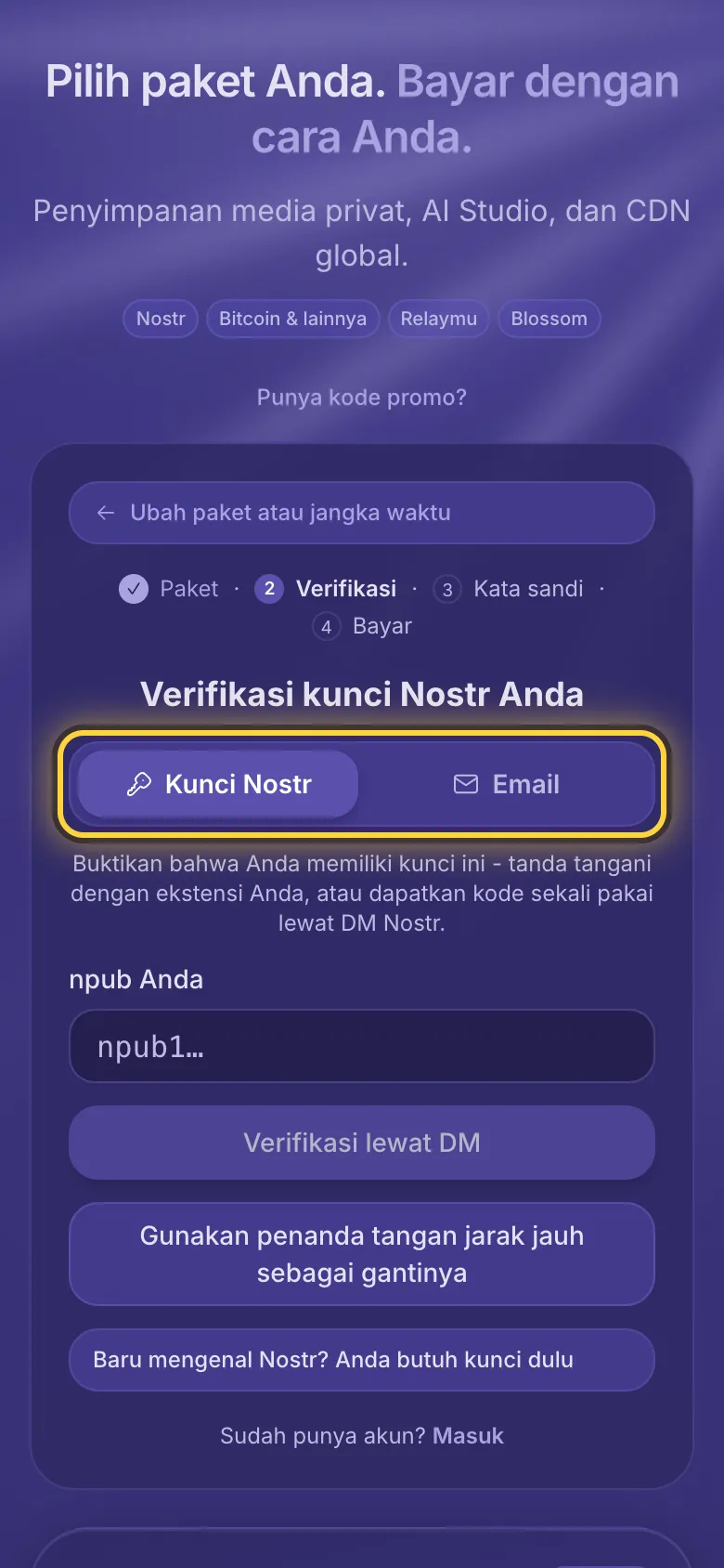 Pendaftaran: pilihan antara kunci Nostr dan alamat email, dilingkari.