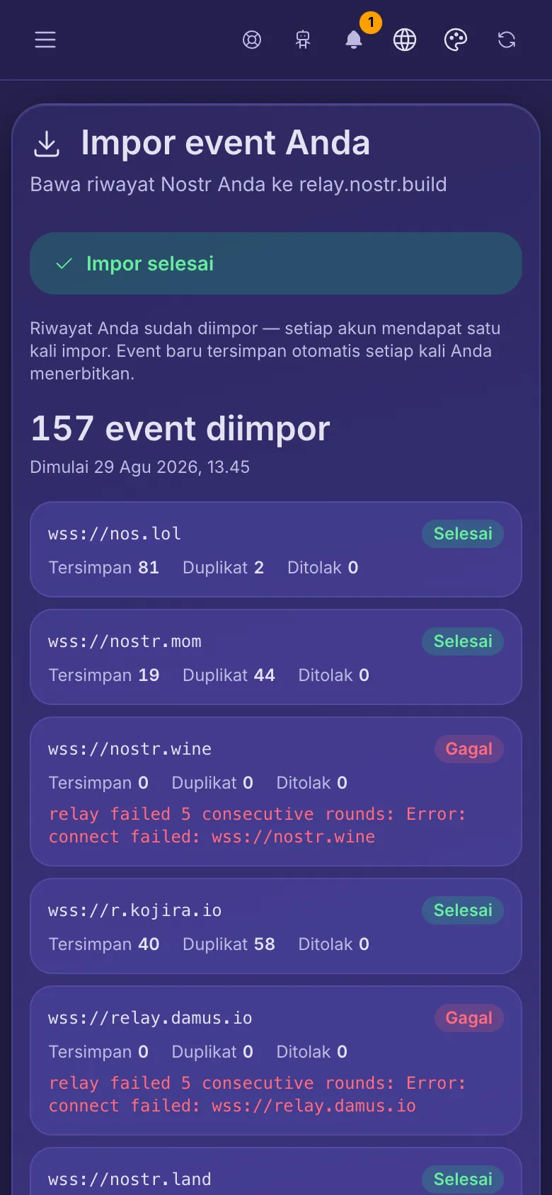 Impor event Anda: impor yang sudah selesai dengan satu baris untuk setiap relay sumber salinannya.