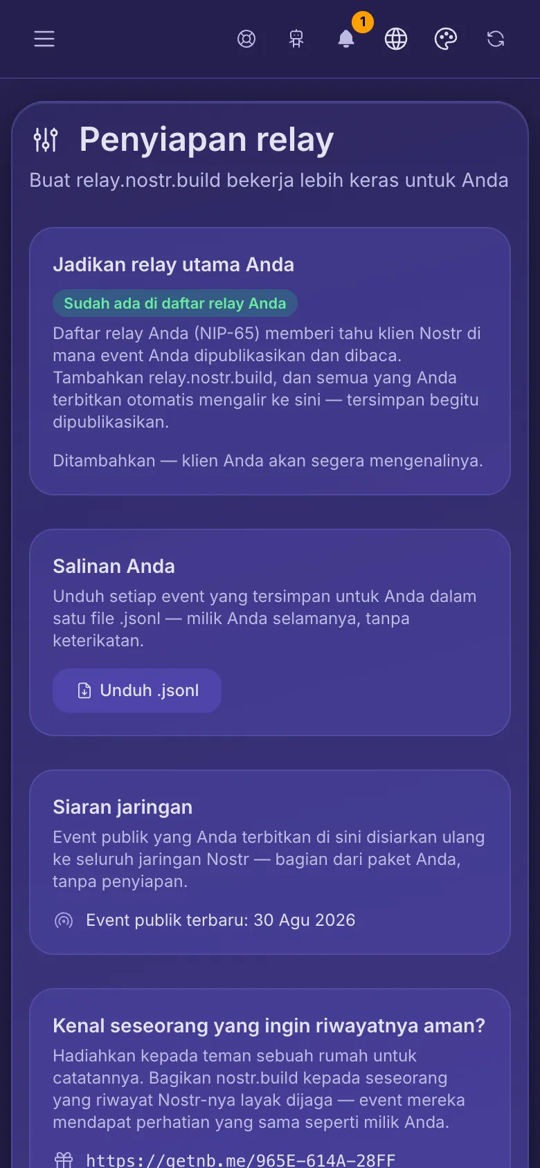 Penyiapan relay: relay sudah ada di daftar relay, salinan untuk diunduh, dan siaran jaringan.