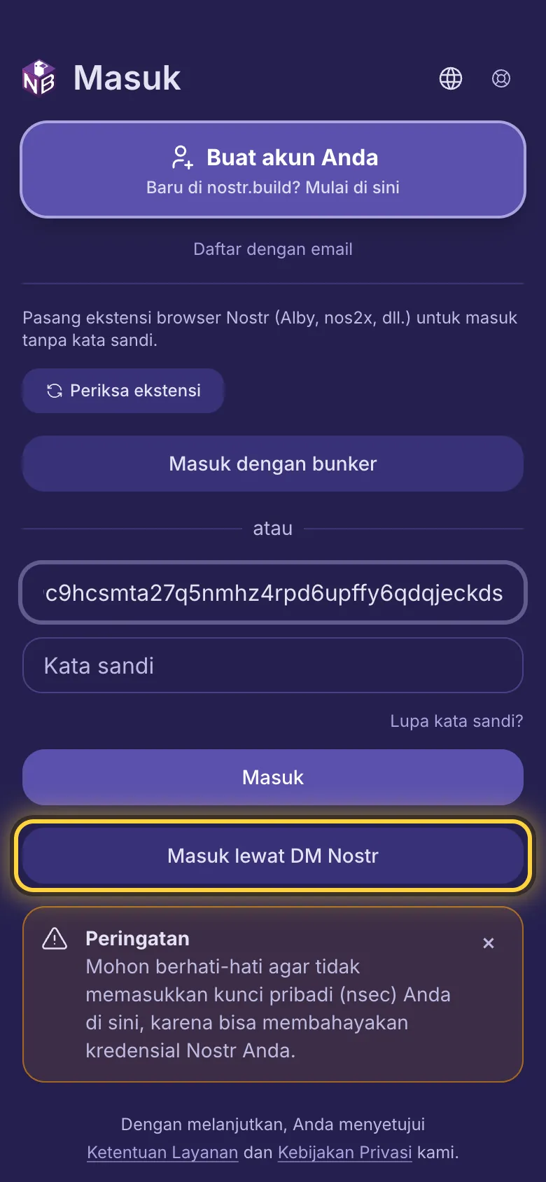 npub diketik di kolom pertama dan tombol Masuk lewat DM Nostr dilingkari.