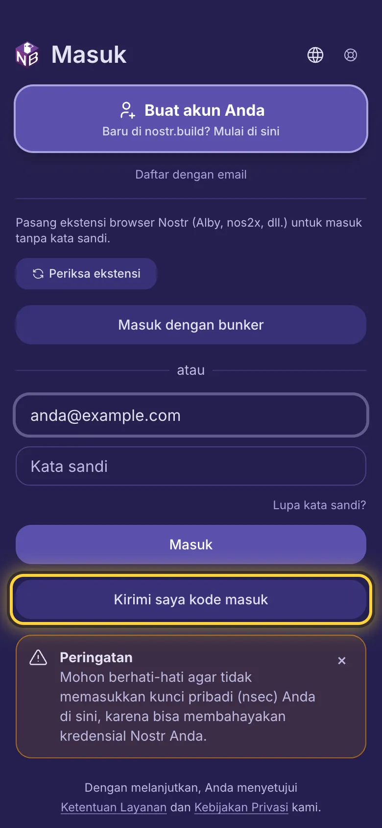 Alamat email diketik di kolom pertama dan tombol Kirimi saya kode masuk dilingkari.