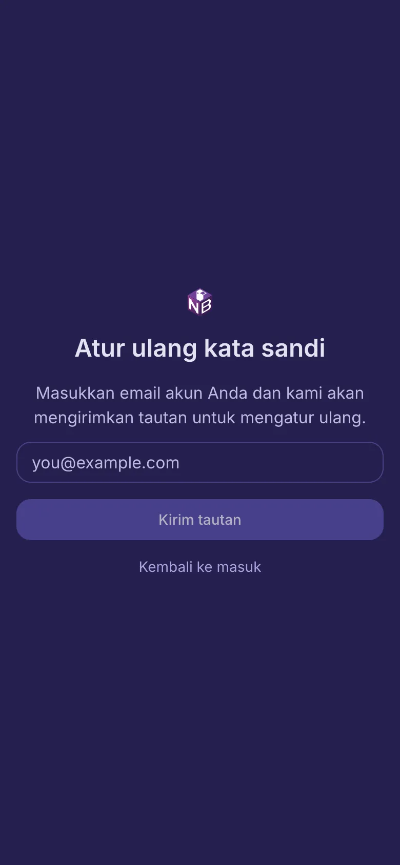 Halaman Atur ulang kata sandi dengan kolom untuk email Anda.