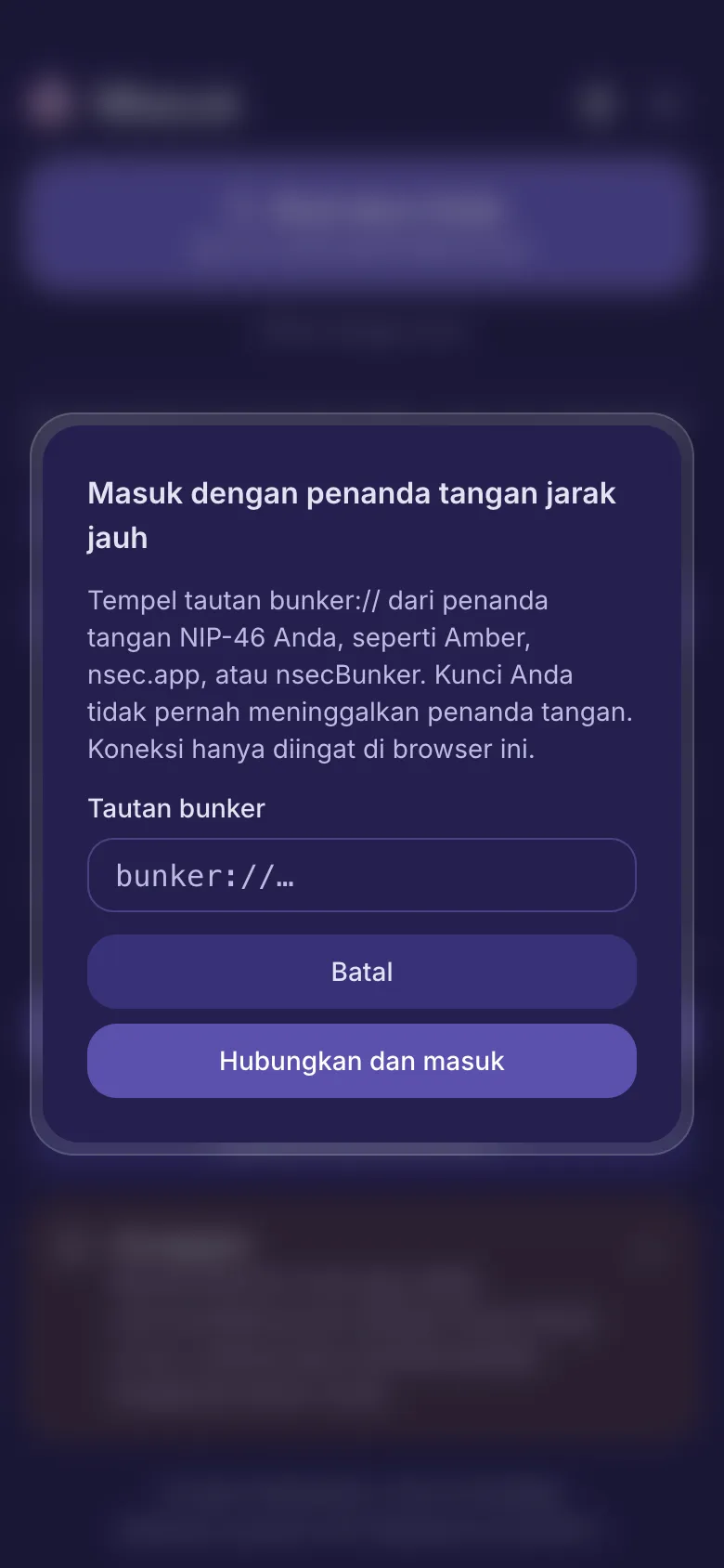 Jendela penanda tangan jarak jauh dengan kolom untuk tautan bunker.